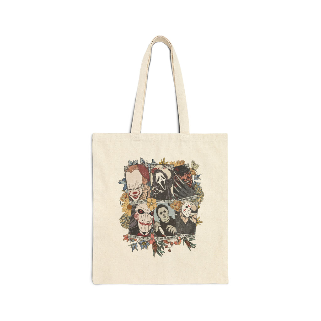 Horror Icons Collage Tote Bag — Vintage Slasher Movie Character Canvas Tote