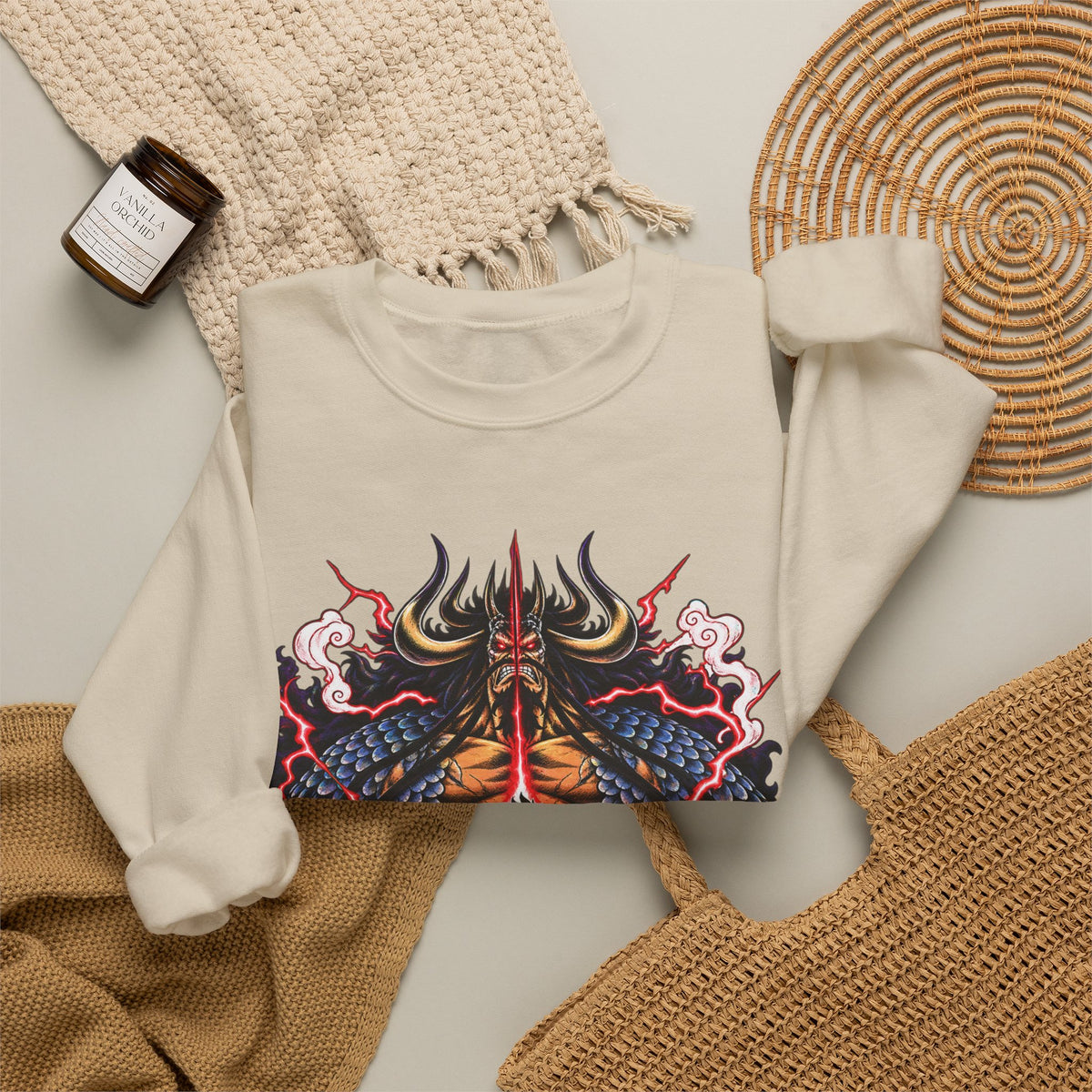 Samurai Demon Mask Crewneck Sweatshirt — Japanese Tattoo Style Graphic