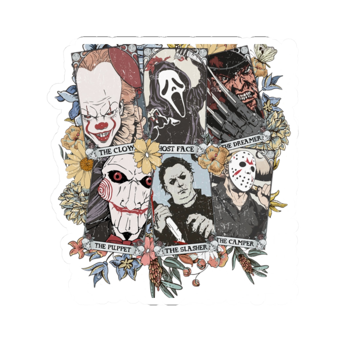 Horror Icons Kiss-Cut Sticker Pack — Pennywise, Ghostface, Freddy, Jigsaw, Michael Myers & Jason