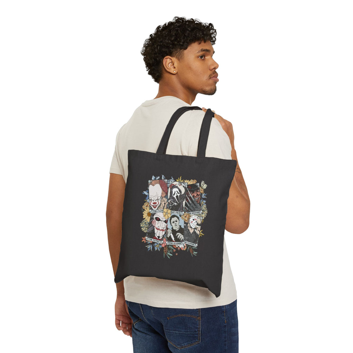 Horror Icons Collage Tote Bag — Vintage Slasher Movie Character Canvas Tote