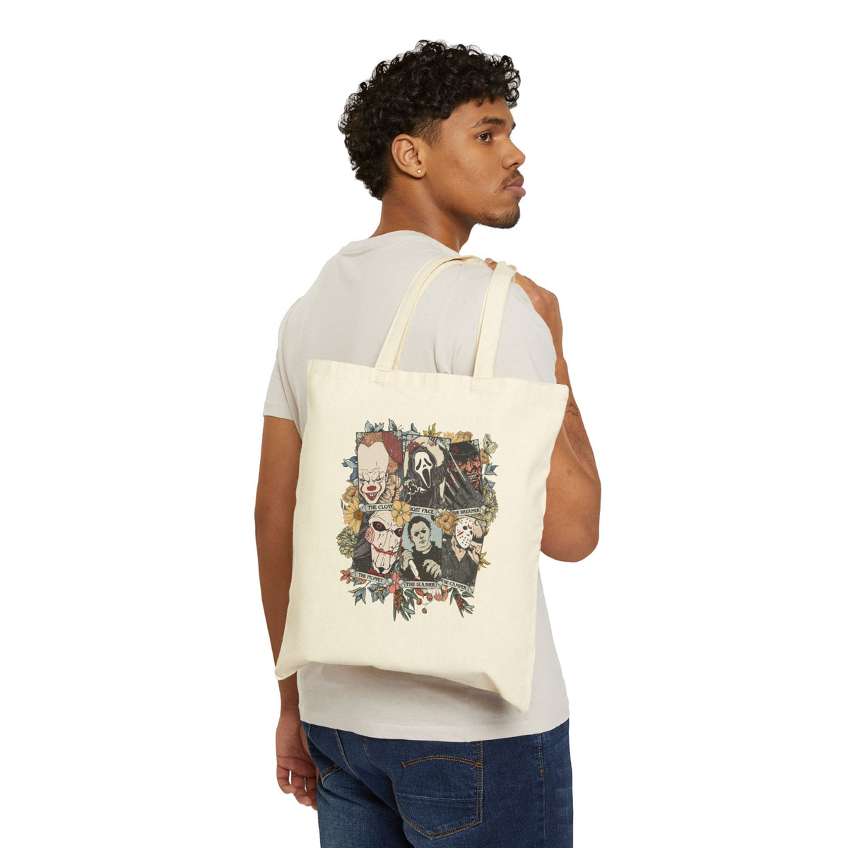 Horror Icons Collage Tote Bag — Vintage Slasher Movie Character Canvas Tote